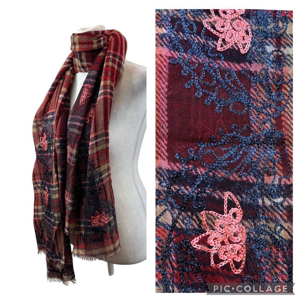 Ladies Lucky Brand Red and Blue Plaid Wool Fringe End Scarf with Embroidery